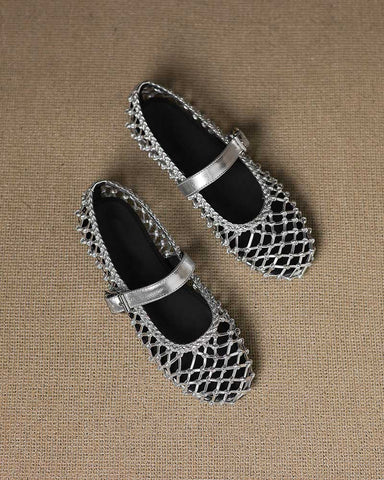 Woven Metallic Round-Toe Ballet Flats