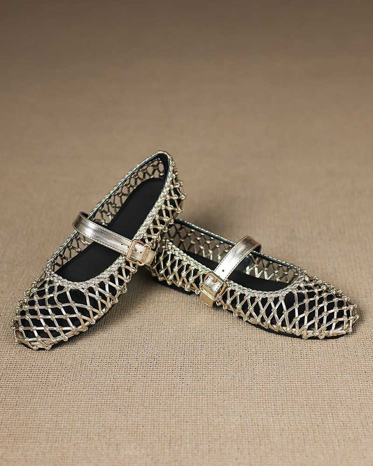 Woven Metallic Round-Toe Ballet Flats