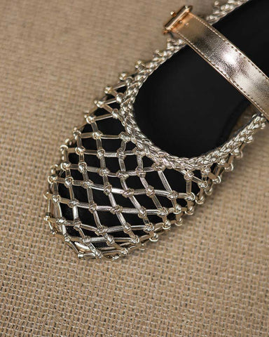 Woven Metallic Round-Toe Ballet Flats