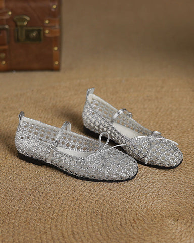 Retro Cutout Square-Toe Mary Jane Ballet Flats with Bow