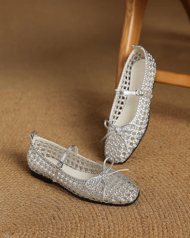 Retro Cutout Square-Toe Mary Jane Ballet Flats with Bow