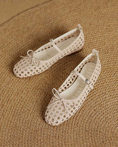 Retro Cutout Square-Toe Mary Jane Ballet Flats with Bow