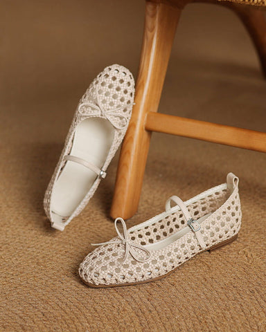 Retro Cutout Square-Toe Mary Jane Ballet Flats with Bow