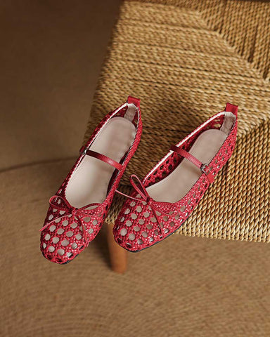 Retro Cutout Square-Toe Mary Jane Ballet Flats with Bow