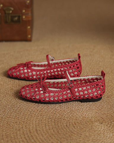 Retro Cutout Square-Toe Mary Jane Ballet Flats with Bow