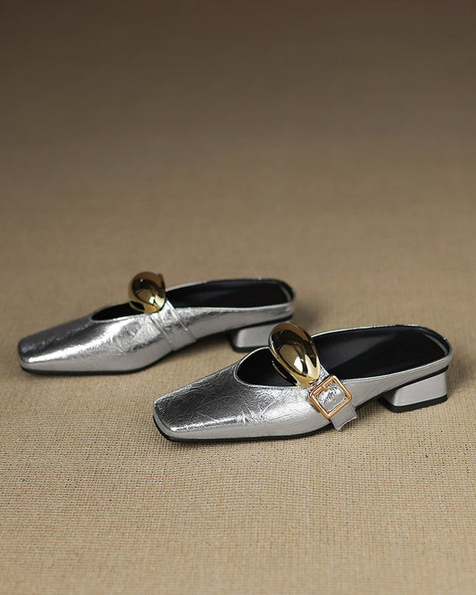 Bold Gold Oval Buckle Square Toe Flat Mules
