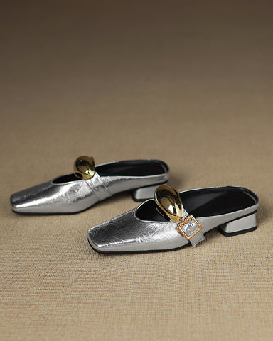 Bold Gold Oval Buckle Square Toe Flat Mules