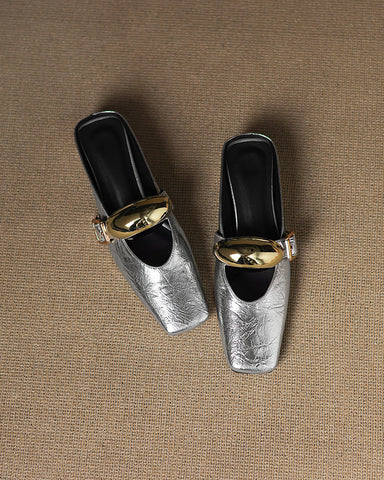 Bold Gold Oval Buckle Square Toe Flat Mules