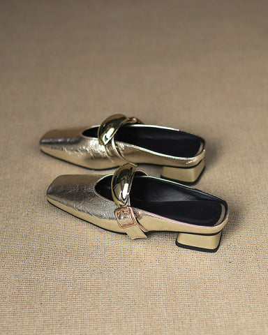 Bold Gold Oval Buckle Square Toe Flat Mules
