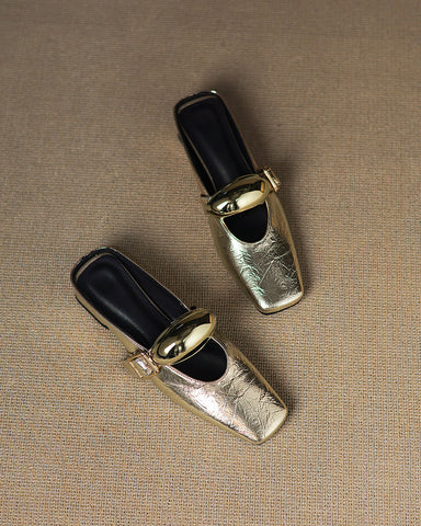 Bold Gold Oval Buckle Square Toe Flat Mules