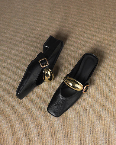 Bold Gold Oval Buckle Square Toe Flat Mules