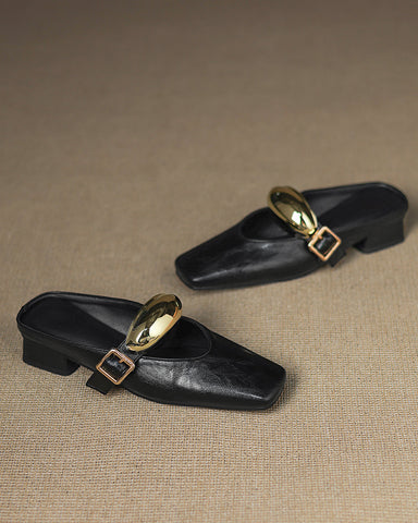 Bold Gold Oval Buckle Square Toe Flat Mules