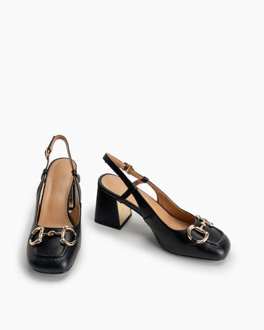 Classic Metal Buckle Thick Heel Slingback Loafers