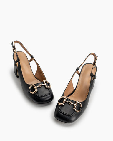 Classic Metal Buckle Thick Heel Slingback Loafers