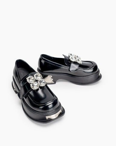 Metal Platform Chunky Loafers with 4 Detachable Velcro Decorations