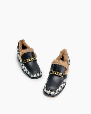 Houndstooth-Chunky-Heel-Fur-Chainlink-Loafers