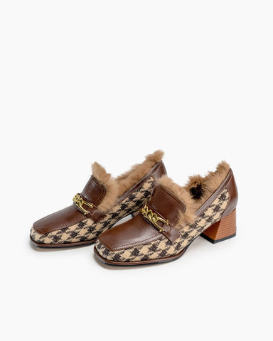 Houndstooth-Chunky-Heel-Fur-Chainlink-Loafers