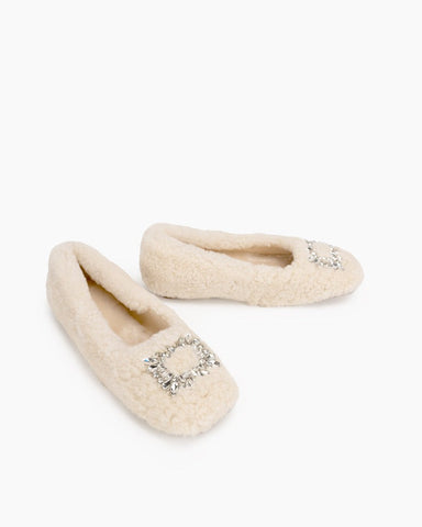 Rhinestone-Square-Buckle-Fuzzy-Slip-On-Slippers-Loafers