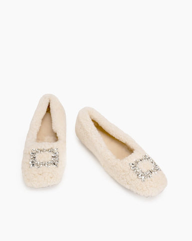 Rhinestone-Square-Buckle-Fuzzy-Slip-On-Slippers-Loafers
