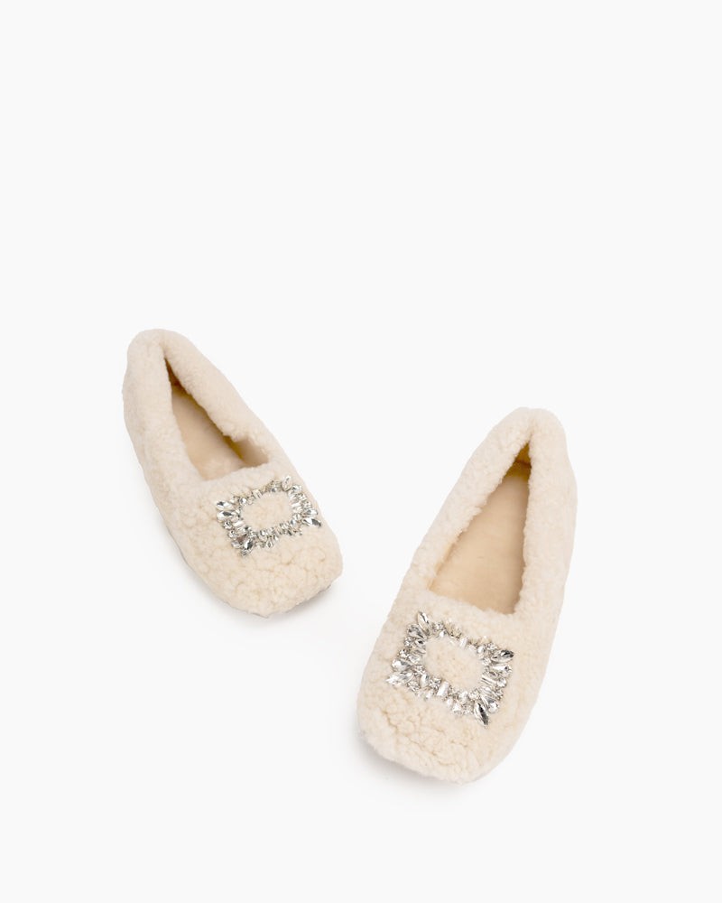 Rhinestone-Square-Buckle-Fuzzy-Slip-On-Slippers-Loafers