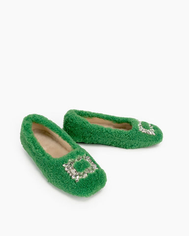 Rhinestone-Square-Buckle-Fuzzy-Slip-On-Slippers-Loafers