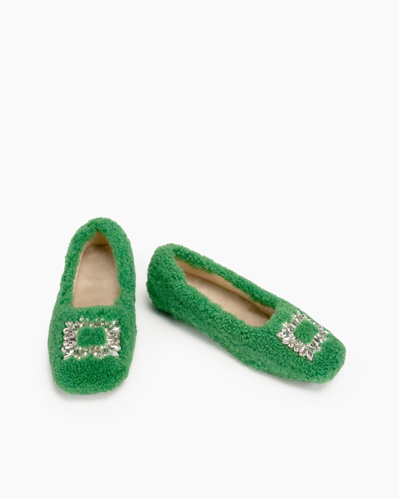 Rhinestone-Square-Buckle-Fuzzy-Slip-On-Slippers-Loafers