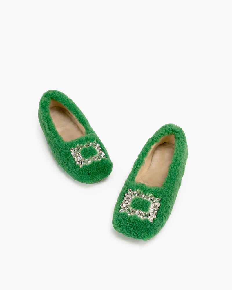 Rhinestone-Square-Buckle-Fuzzy-Slip-On-Slippers-Loafers