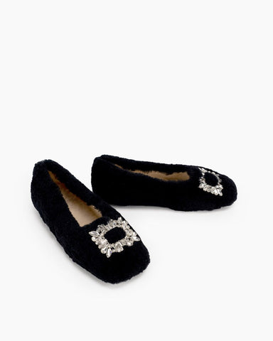 Rhinestone-Square-Buckle-Fuzzy-Slip-On-Slippers-Loafers