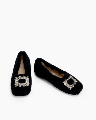 Rhinestone-Square-Buckle-Fuzzy-Slip-On-Slippers-Loafers