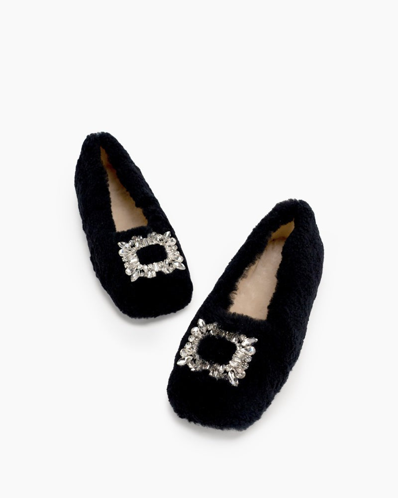 Rhinestone-Square-Buckle-Fuzzy-Slip-On-Slippers-Loafers