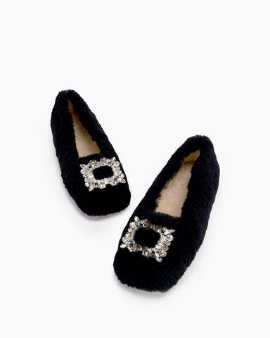 Rhinestone-Square-Buckle-Fuzzy-Slip-On-Slippers-Loafers