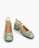 Classic Metal Buckle Patent Leather Thick Heel Slingback Sandals