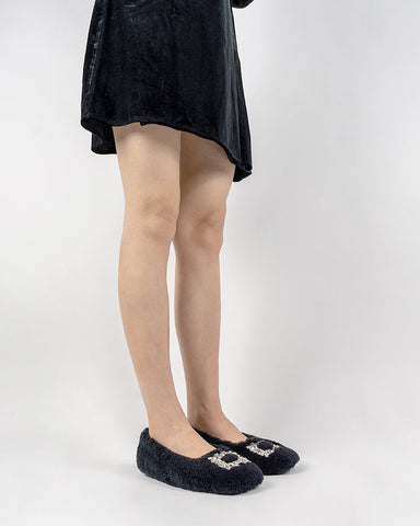 Rhinestone-Square-Buckle-Fuzzy-Slip-On-Slippers-Loafers