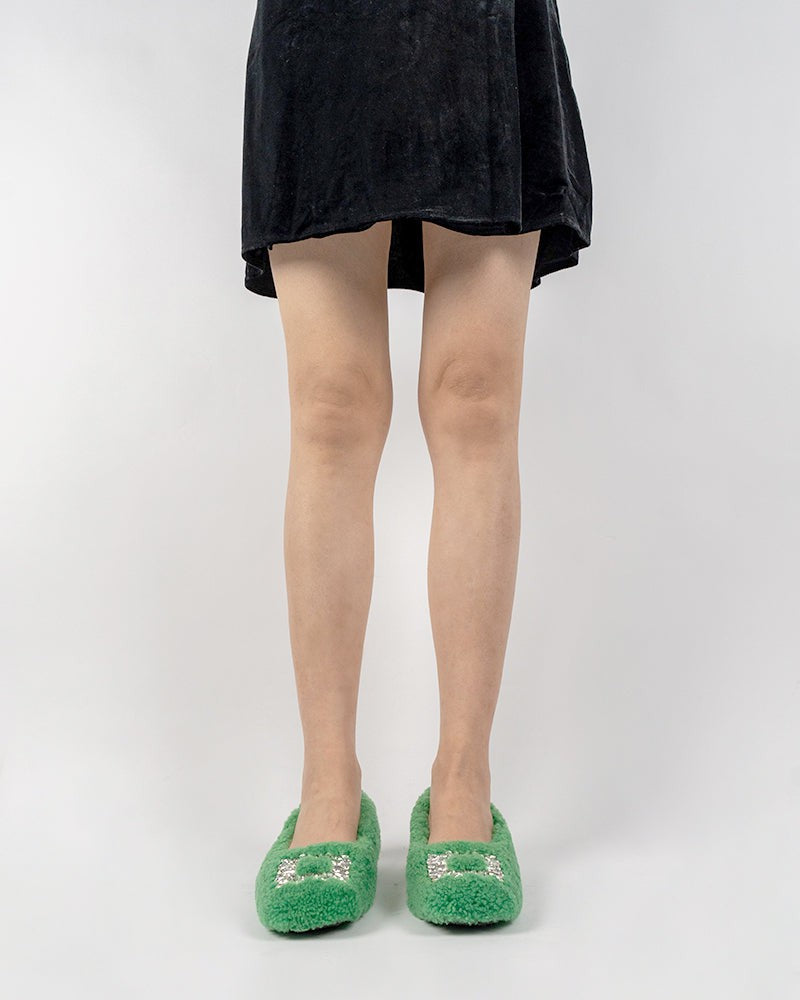 Rhinestone-Square-Buckle-Fuzzy-Slip-On-Slippers-Loafers