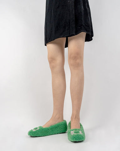 Rhinestone-Square-Buckle-Fuzzy-Slip-On-Slippers-Loafers