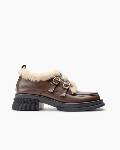 Adjustable Buckles Fur Lined Chunky Platform Loafers