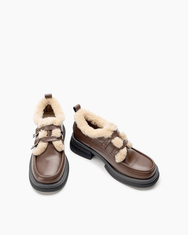 Adjustable Buckles Fur Lined Chunky Platform Loafers