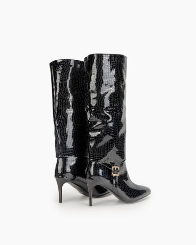 Faux Pattern Pointed Toe Stiletto Knee High Boots