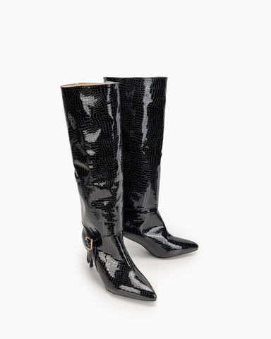 Faux Pattern Pointed Toe Stiletto Knee High Boots