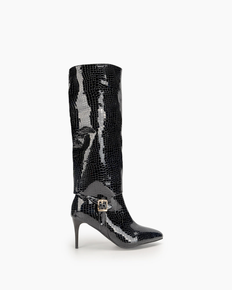 Faux Pattern Pointed Toe Stiletto Knee High Boots