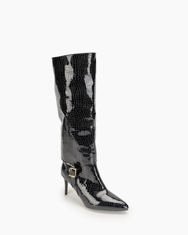 Faux Pattern Pointed Toe Stiletto Knee High Boots