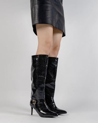 Faux Pattern Pointed Toe Stiletto Knee High Boots