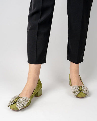 (Clean Up) Rhinestone Bow Chunky Low Heels Slip on Comfy Pumps