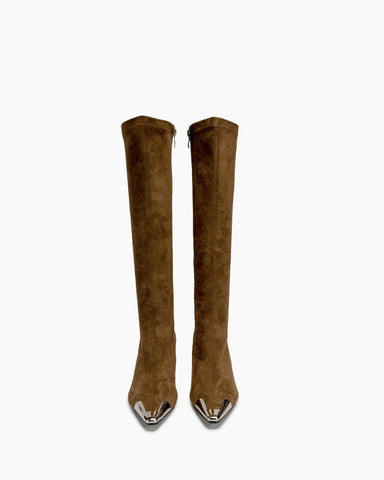 Square Metal decoration Toe Stiletto Heel Knee High Boots