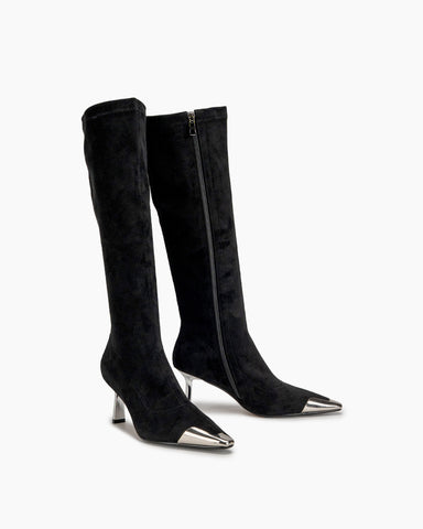 Square Metal decoration Toe Stiletto Heel Knee High Boots