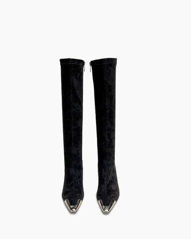 Square Metal decoration Toe Stiletto Heel Knee High Boots