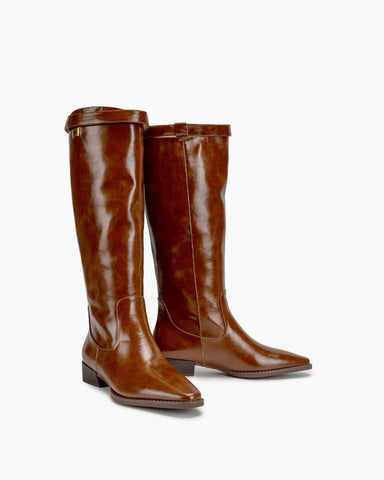 Buckle Detail Knee High Elastic Low Heel Riding Boots