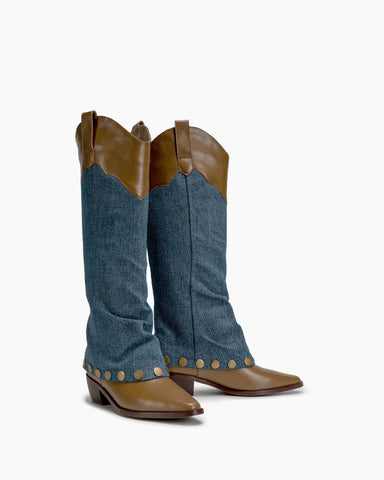 Knee High Denim Cowboy Cowgirl Western Boots