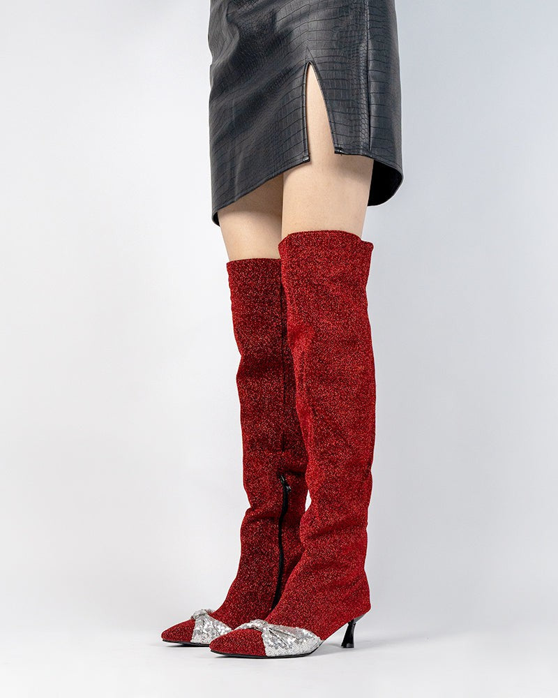 Red glitter knee high boots Clearance