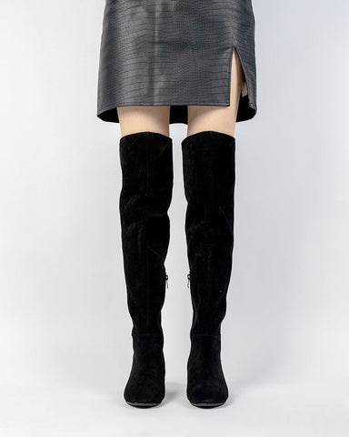 Stretch Side Zipper Over The Knee Chunky Heel Thigh High Boots